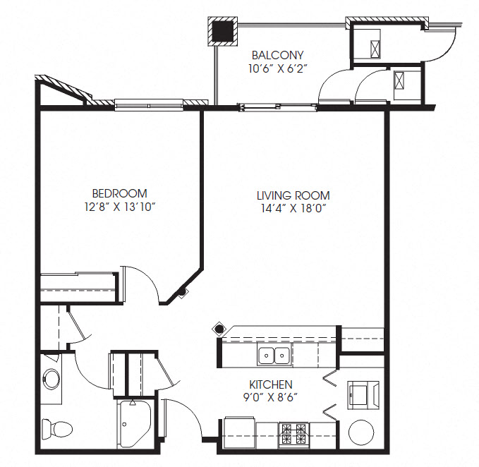 Floor plan for 1 bed, 1 bath, 815 sqft
